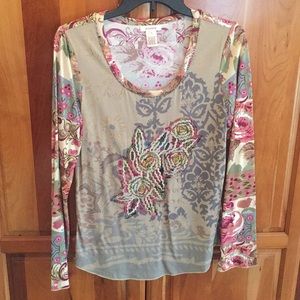 Sundance Beaded Spring Long Sleeve Top EUC